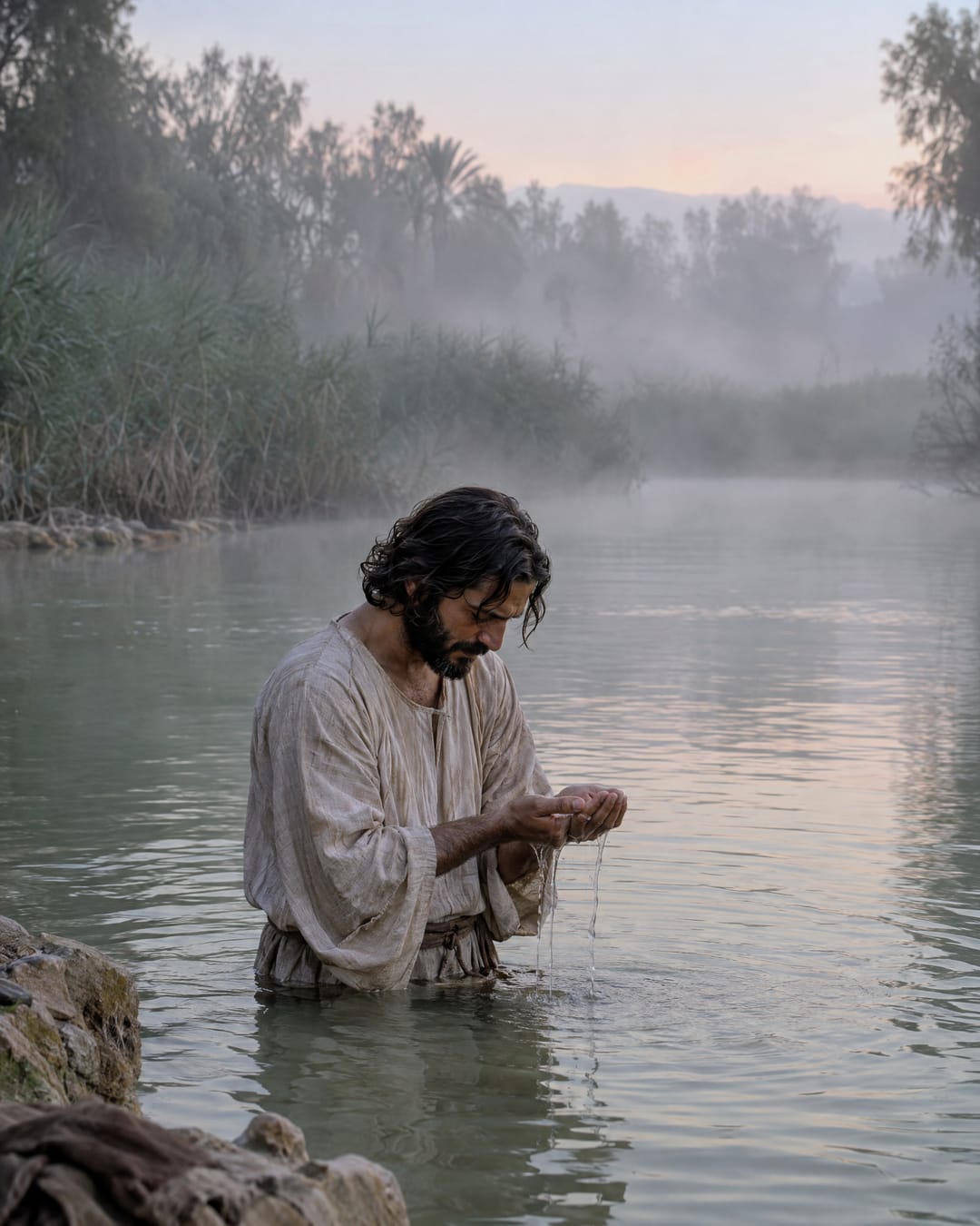 Early on a misty morning, Jesus stands waist-deep in the Jordan river and lets water run from his cupped hands.