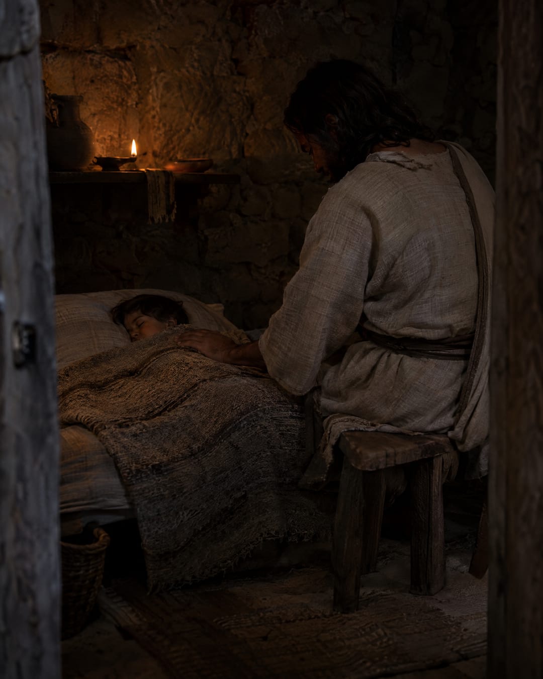 In a lamplit stone room at night, Jesus sits beside a sleeping child, his head bowed and his hand resting on the blanket.