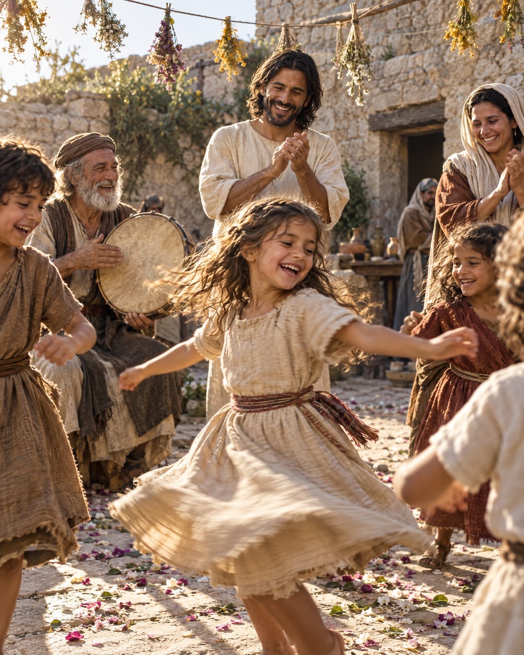A little girl spins and laughs in a sunlit village courtyard as children dance, an old man plays a drum and Jesus claps along.