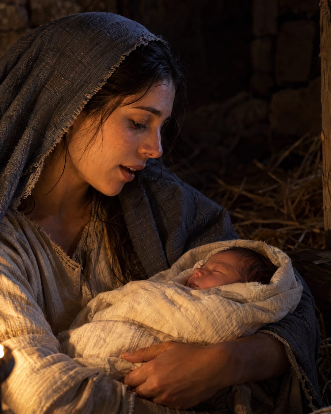 By the light of one small lamp, Mary looks down at the newborn asleep in her arms in the stable and sings to him softly.