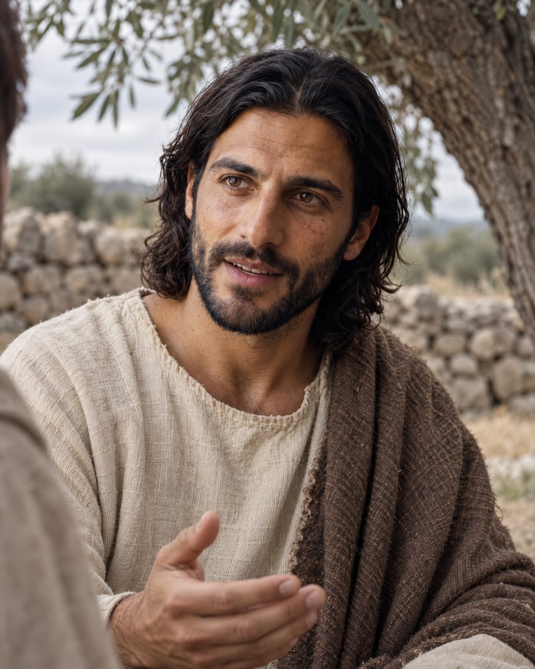 Jesus sits under an olive tree on a cloudy afternoon, in the middle of telling someone something, a small smile as he speaks.