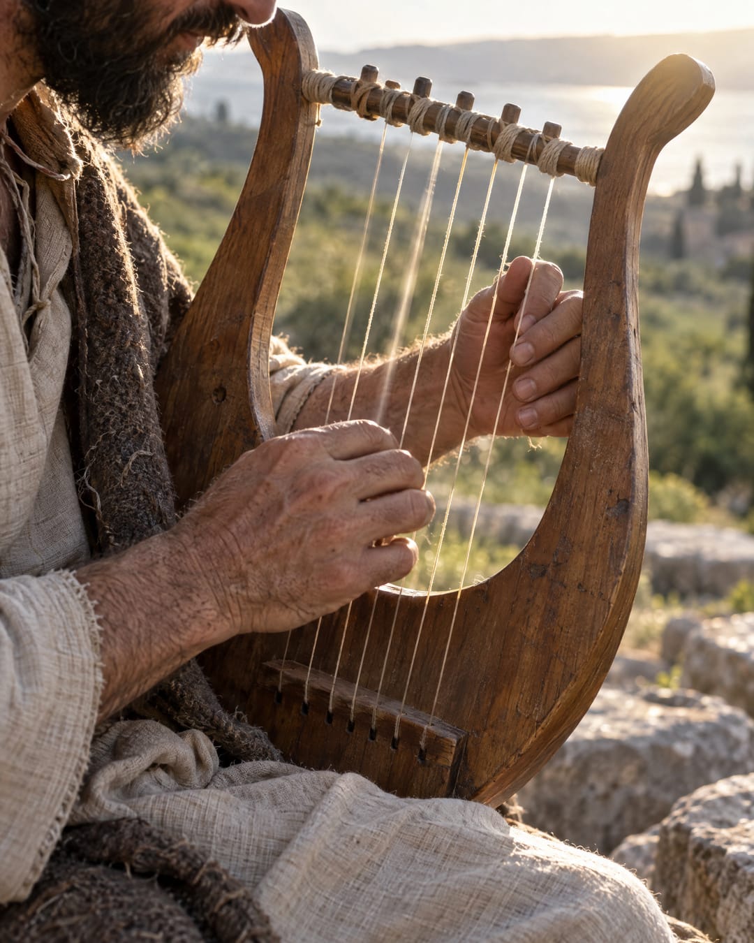 Weathered hands play a small wooden lyre on a hillside in the morning sun, a lake far below.