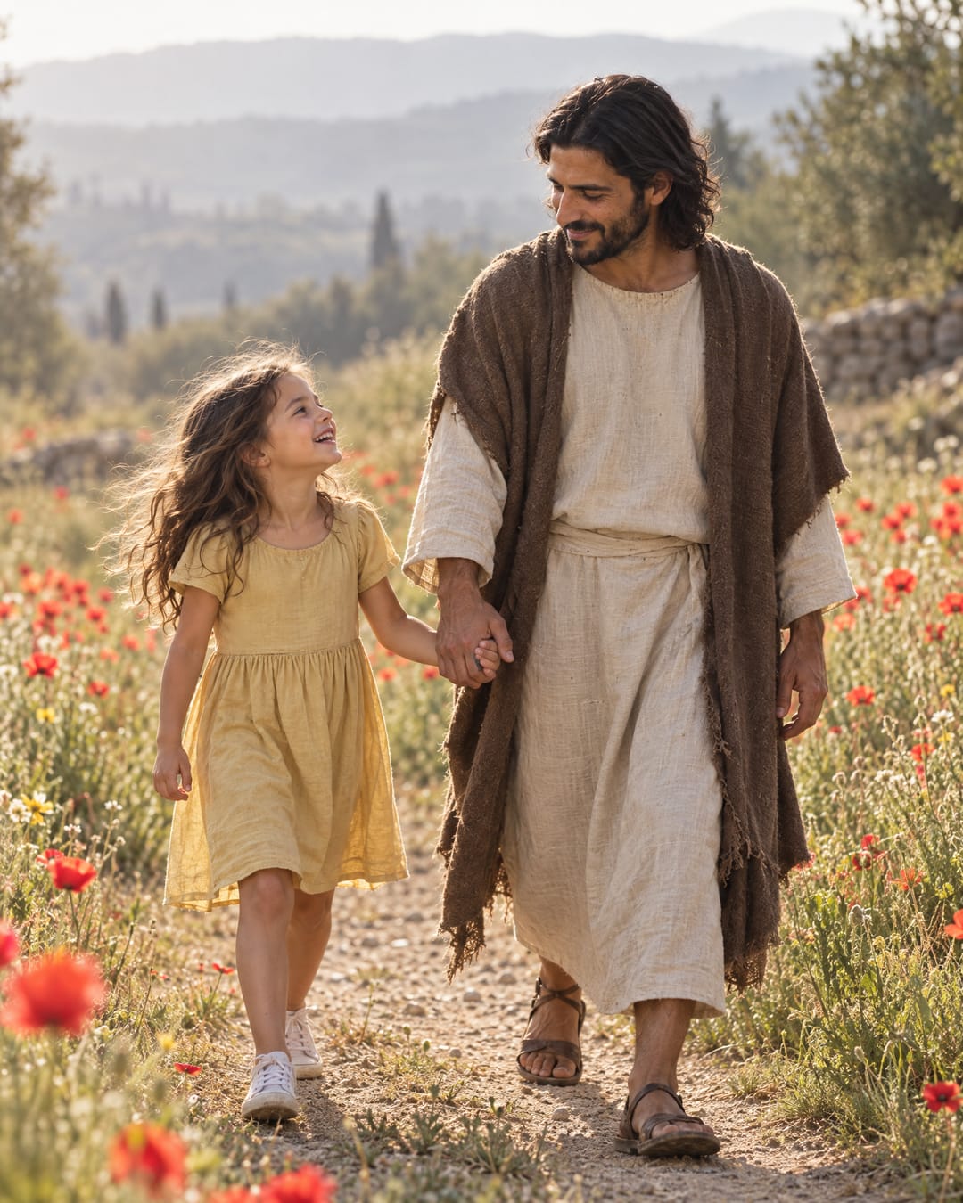 Jesus walks hand in hand with a laughing little girl in a yellow dress and sneakers along a path through a poppy meadow.